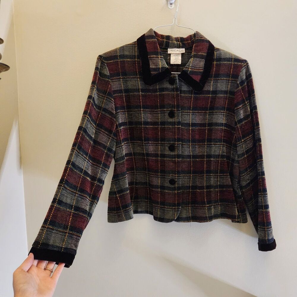 Vtg 90s Red Plaid Blazer Jacket Peter Pan Collar Black Velvet Trim Academia 14P